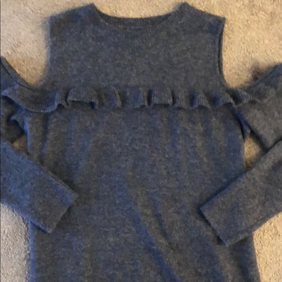 Loft | Open Shoulder Ruffle Navy Sweater - Picture 2 of 8